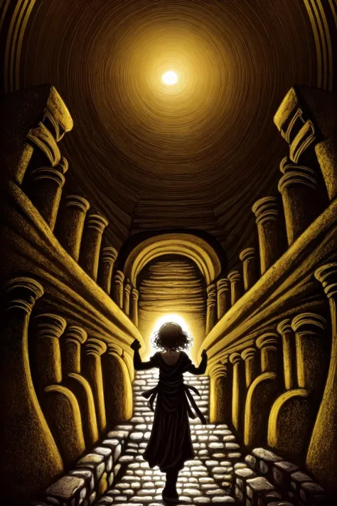 <lora:TaS_v1:1> masterpiece, highly detailed 8k raw photo, best quality, intricate details, Thaumaturge 1girl in xyzdd style, A labyrinthine catacomb, with crumbling walls and ancient tombs