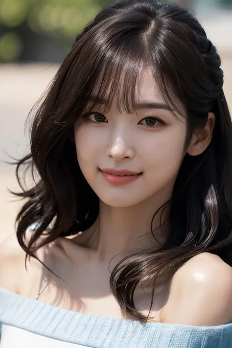 Best quality, masterpiece, ultra high res, (photorealistic:1.4), raw photo,1girl, solo, realistic, smile, looking at viewer,nose, upper body, simple background, brown eyes, black dress, off shoulder, long wavy hair