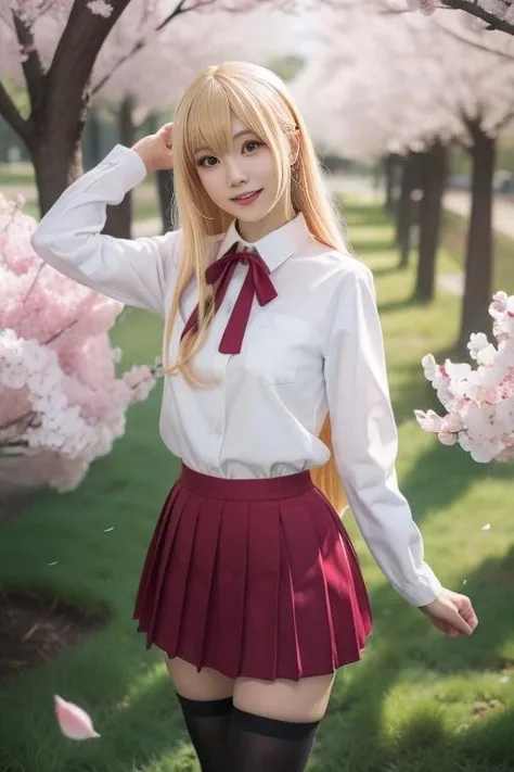 ultra-detailed,highly detailed,best quality,masterpiece,illustration,
doma umaru, 1girl, solo, very long hair, parted bangs,blonde hair, light smile,
school uniform, red neck ribbon,white collared shirt,long sleeves, red pleated skirt, black thighhighs, loafers,
standing,looking at viewer, sunlight, flower, tree, nature, forest, wind,floating hair, cherry blossoms, falling petals,
<lora:doma umaru_v1_03:0.7>