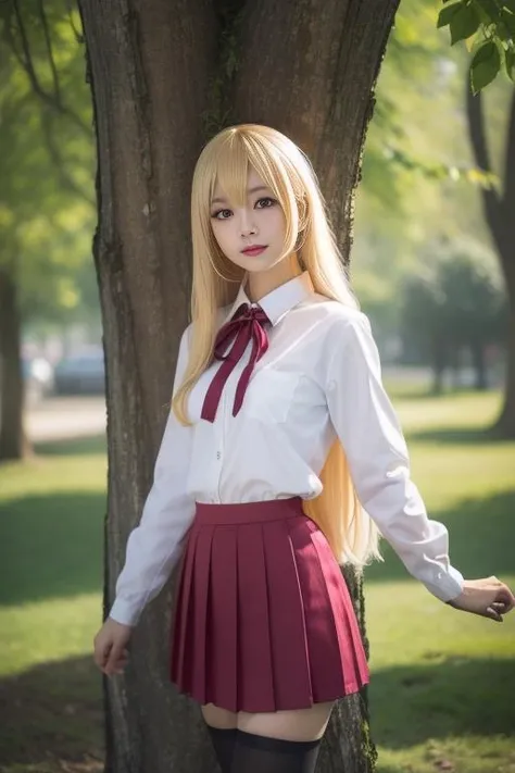 ultra-detailed,highly detailed,best quality,masterpiece,illustration,
doma umaru, 1girl, solo,  very long hair, parted bangs,blonde hair, 
school uniform, red neck ribbon,white collared shirt,long sleeves, red pleated skirt,  black thighhighs, loafers,
standing,looking at viewer, sunlight, flower, tree, nature,  forest, wind,floating hair, 
<lora:doma umaru_v1_03:0.7>