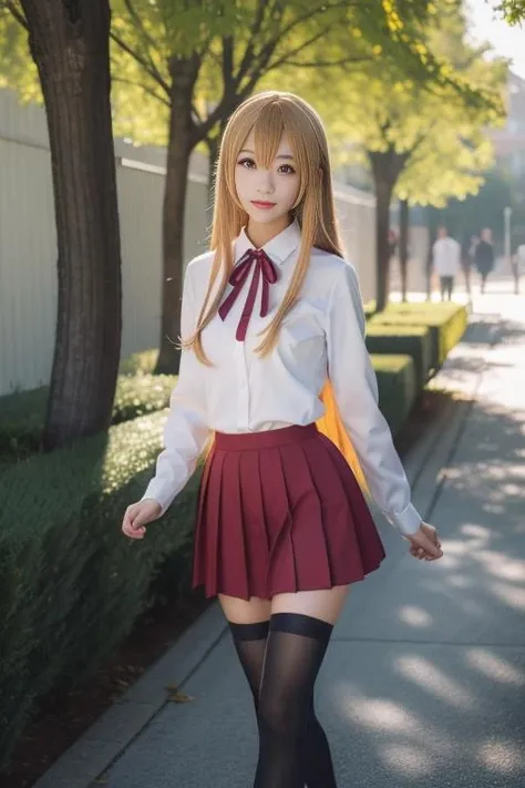 ultra-detailed,highly detailed,best quality,masterpiece,illustration,
doma umaru, 1girl, solo, black hair, very long hair, parted bangs,twintails, 
school uniform, red neck ribbon,white collared shirt,long sleeves, red pleated skirt,  black thighhighs, loafers,
walking,looking at viewer, sunlight, flower, tree, nature, 
<lora:doma umaru_v1_03:0.7>