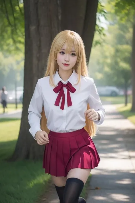 ultra-detailed,highly detailed,best quality,masterpiece,illustration,
doma umaru, 1girl, solo, very long hair, parted bangs,blonde hair,
school uniform, red neck ribbon,white collared shirt,long sleeves, red pleated skirt, black thighhighs, loafers,
running,looking at viewer, sunlight, flower, tree, nature, forest,
<lora:doma umaru_v1_03:0.7>