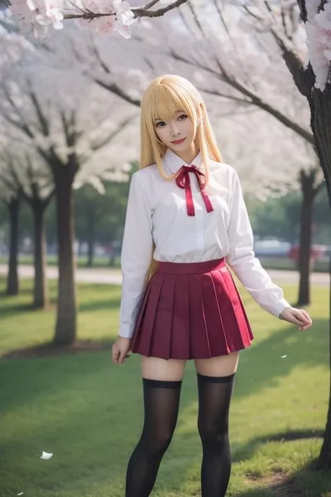 ultra-detailed,highly detailed,best quality,masterpiece,illustration,
doma umaru, 1girl, solo, very long hair, parted bangs,blonde hair,
school uniform, red neck ribbon,white collared shirt,long sleeves, red pleated skirt, black thighhighs, loafers,
standing,looking at viewer, sunlight, flower, tree, nature, forest, wind,floating hair, cherry blossoms, falling petals,
<lora:doma umaru_v1_03:0.7>