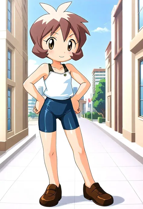 <lora:Hyper-SDXL-8steps-lora:1><lora:Fixhands_anime_bdsqlsz_V1:1>zPDXL2, score_9, score_8_up, score_7_up, source_anime, intricate details, perfect anatomy BREAK
1girl, solo, bj-shout, brown hair, short hair, antenna hair, brown eyes, white shirt, bare shoulders, black bike shorts, brown shoes,
upskirt, hands on hips, Flirty, A playful smile, arched eyebrows, and a slightly tilted head.,
outdoors, city, tokyo, japan,
<lora:bj-shout_XL(pony)v10:0.9>