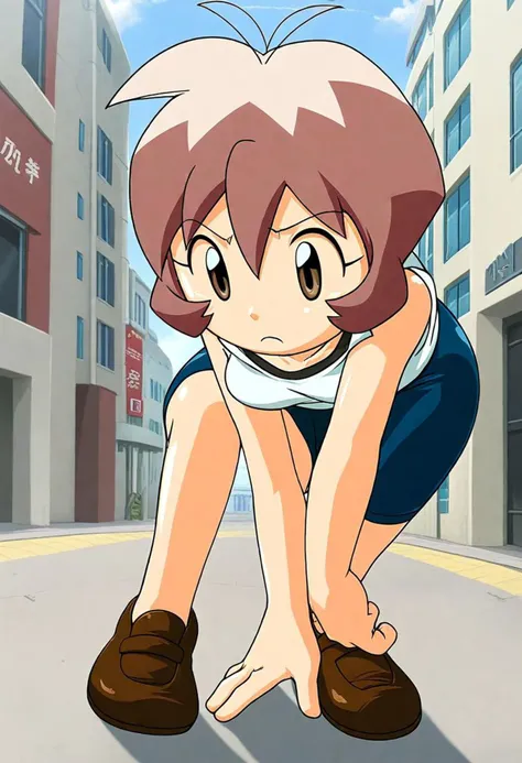 <lora:Hyper-SDXL-8steps-lora:1><lora:Fixhands_anime_bdsqlsz_V1:1>zPDXL2, score_9, score_8_up, score_7_up, source_anime, intricate details, perfect anatomy BREAK
1girl, solo, bj-shout, brown hair, short hair, antenna hair, brown eyes, white shirt, bare shoulders, black bike shorts, brown shoes,
close up, bent over, Skeptical, Raised eyebrows and a slightly pursed mouth.,
outdoors, city, tokyo, japan,
<lora:bj-shout_XL(pony)v10:0.9>