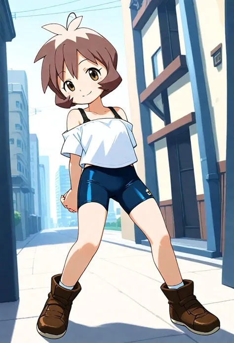 <lora:Hyper-SDXL-8steps-lora:1><lora:Fixhands_anime_bdsqlsz_V1:1>zPDXL2, score_9, score_8_up, score_7_up, source_anime, intricate details, perfect anatomy BREAK
1girl, solo, bj-shout, brown hair, short hair, antenna hair, brown eyes, white shirt, bare shoulders, black bike shorts, brown shoes,
downblouse, arms behind back, Seductive, A sultry gaze, a slightly parted lips, and a hint of a smile.,
outdoors, city, tokyo, japan,
<lora:bj-shout_XL(pony)v10:1>