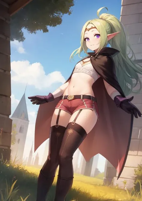 (masterpiece, best quality:1.2), extremely detailed, soft ambient lighting, sharp focus, 4K, BREAK <lora:Nowi_fe:0.6>, nowi_fe, light green hair, purple eyes, parted bangs, gloves, pink thighhighs, boots, short shorts, pink shorts, garter straps, circlet, cape, BREAK outdoors, nature, castle, grass field, looking at viewer, sitting on floor, BREAK <lora:Zheng:1>, futanari, gigantic penis, long penis, huge testicles, veiny penis, veiny testicles, sagging testicles, futanari masturbation, motion lines, holding penis