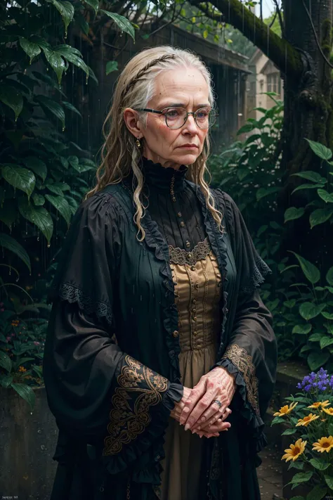 gothic photography upper body shot of a stern stout old woman wearing glasses, bronze in a lush ochre meadow with flowers and birds, 3d render, cgi, symmetrical, octane render, 35mm, bokeh, 9:16, (intricate details:1.2), hdr, (intricate details, hyperdetailed:1.15), (natural skin texture, hyperrealism, soft light, sharp:1.3), detailed iris,
<lora:epiNoiseoffset_v2:1>
<lora:zovyasWetHair_v1:0.5> wet hair, (raining), wet clothes