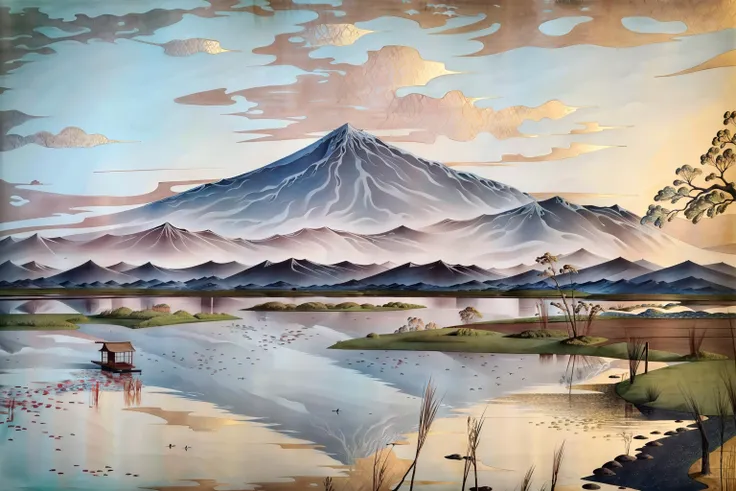 "a cloudy sky" AND "a pond, covered in water lentils" AND "((reeds)) in the foreground", early morning, (aquatic bird) hunting for fish, fishing boat, woodprint, sharp lines, masterpiece, ukiyo-e, ukiyoestyle-1500, Hiroshige, Hokusai