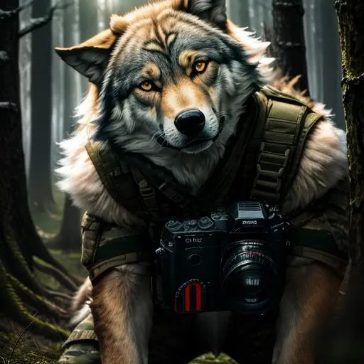 1boy, military, furry, camouflage, humanoid wolf, weapon, RAW photo, animal, 8k uhd, dslr, soft lighting, high quality, film grain, Fujifilm XT31