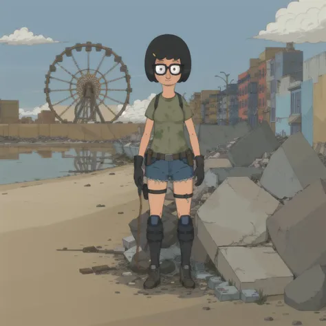 full body image, (best quality, high_resolution, distinct_image) bburg_tina in tactical armor, postapocalytptic wasteland, one ruined ferris wheel in background <lora:bobsBurgersLora_v10:0.8>