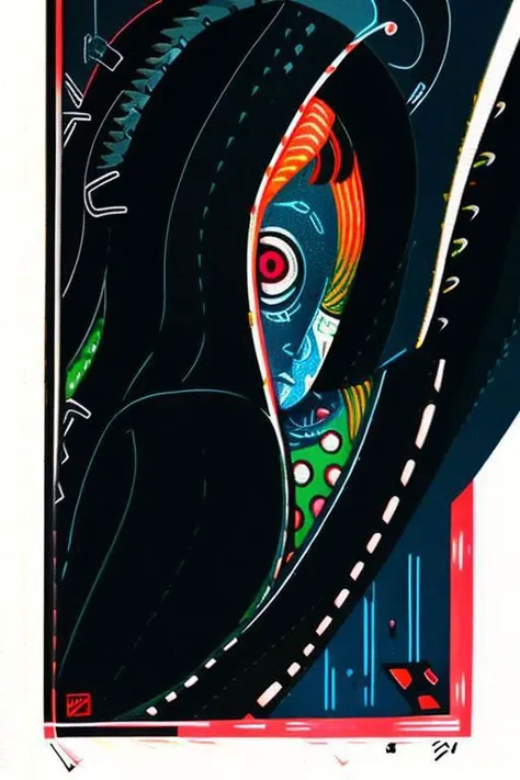Popart style, photograph of an artistic print made with the linocut technique in the style of "Kath1" and Kathleen Neeley and Keiichi Tanaami, sharp features, treats like woodcut engraving, highly detailed, (((vivid colors))), (insanely detailed), details flow sin-cos: 1.0, Japanese ideogram, symmetrical composition, (background effect halftone dots and crawls), ((blunt_smooth shape)), epic-elegant composition, dark and sharp outlines, thick out
