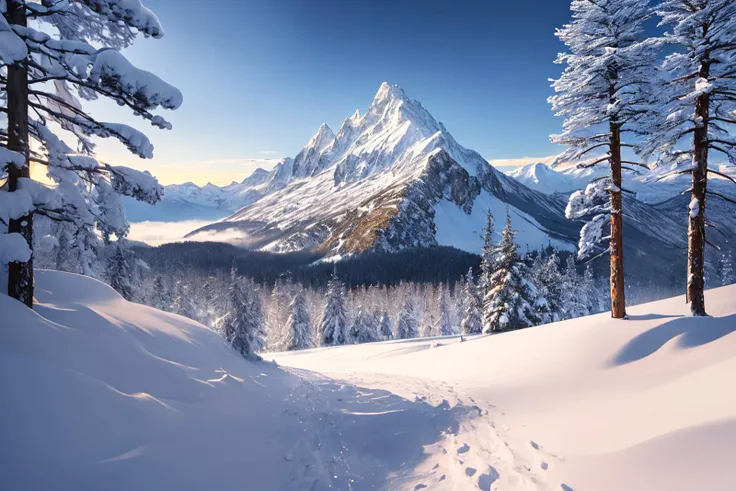 (masterpiece:1.15), (best quality:1.15), (detailed:1.1), (highres:1.1), photo, 50mm lens, f/22, ISO 100, booscapes, nature, sky and ground, Snowy Mountain and Trees, (fluffy clouds:1.1), color grading, natural light <lyco:booscapes:1.0>