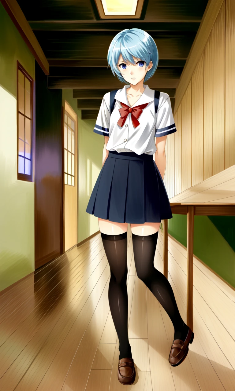 masterpiece portrait of aroused Rei Ayanami \(evangelion\), evangelion \(Hideaki\), caustics, textile shading, high resolution illustration, red eyes, feminine, no pupils, blue hair, short hair, japanese school uniform, loafers, detailed school, japanese school hallway, japanese modern school in Tokyo, soft light, black stockings, torn stockings, indoors, wooden floor, hallway, at night, neon lights