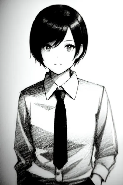 ((pencil sketch)) of a mysterious female detective in a shirt, necktie, short hair, (photorealistic:0.5)