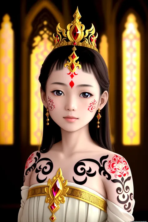 close up of a young thai princess in a traditional dress and headwear at night in a deserted cathedral , (photograph, photorealistic:1.3), (masterpiece:1.1), dark lighting, low lighting, intricate, detailed, skin pores, ((facial tattoo))