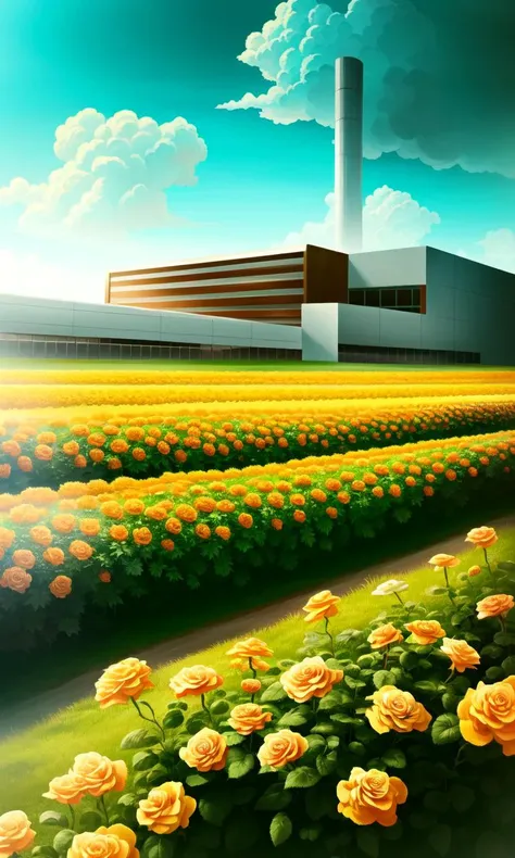 Garden factory,Tall factory,Many yellow marigold ,A few roses,clouds, ultra wide shot, atmospheric, hyper realistic, 8k, epic composition, cinematic, octane render, artstation landscape vista photography by Carr Clifton