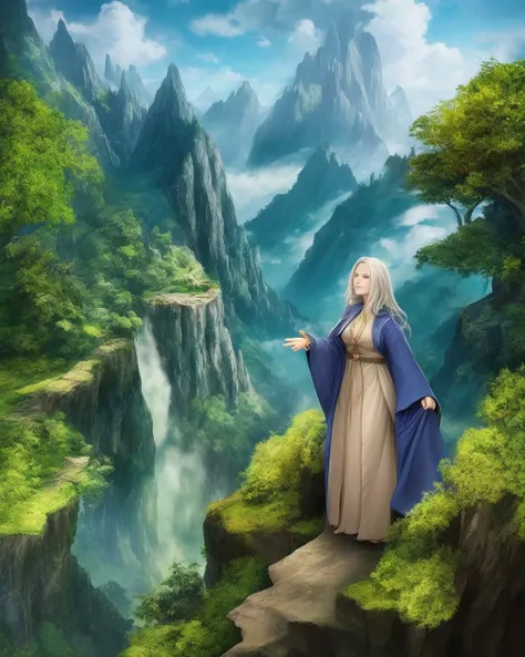 a female wizard, robes, on a cliff overlooking a lush green forest, blue sky, majestic view, mountains, detailed