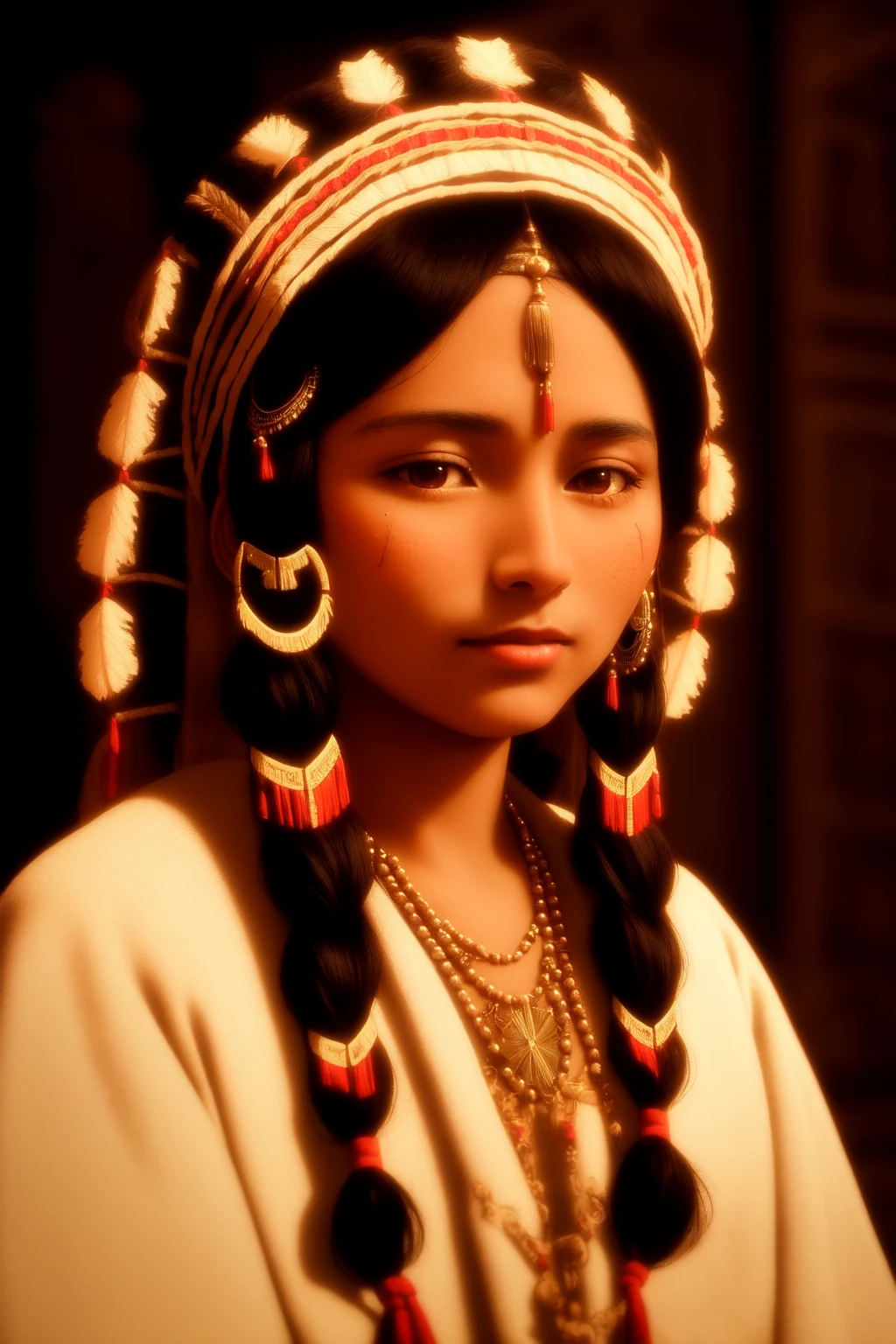 close up of a young native american woman in a traditional dress and headwear at night in a deserted cathedral , (photograph, photorealistic:1.3), (masterpiece:1.1), dark lighting, low lighting, intricate, detailed, skin pores