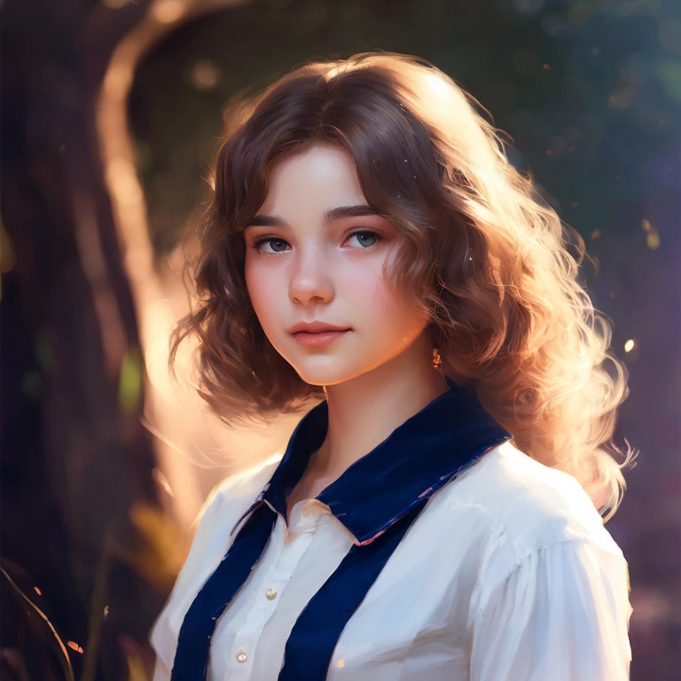 portrait of a innocent girl, dark magical school student uniform, light curly hair, casting a bright large-scale magical spell around herself, overflowing energy, highly detailed, digital painting, trending on artstation, pixiv, concept art, sharp focus, illustration, art by Ross Tran and Greg Rutkowski and Walt Disney animation