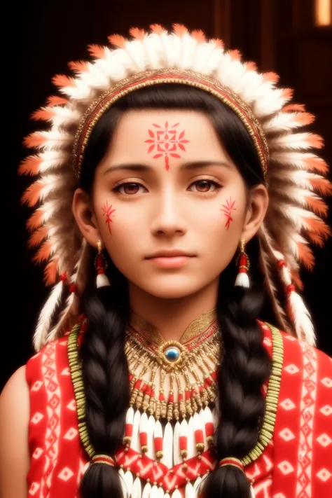 close up of a young native american woman in a traditional dress and headwear at night in a deserted cathedral , (photograph, photorealistic:1.3), (masterpiece:1.1), dark lighting, low lighting, intricate, detailed, skin pores, facial tattoo