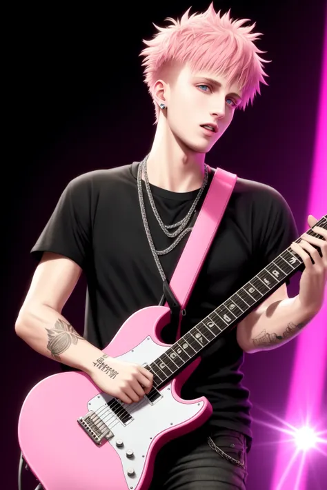 Machine Gun Kelly holding a pink guitar