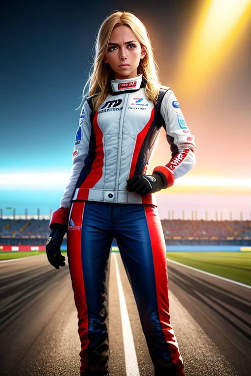 full body portrait of tanned blonde racecar driver, wearing Formula One race suit, gloves, small breasts, 34 years old, sweaty:0.5, standing alone on Le Mans track, masterpiece, subsurface scattering, beautiful lighting, detailed face and eyes, detailed skin, intricate detail, hyper detailed, ultra realistic, sharp focus, octane render, volumetric, ray tracing, artstation trending, cgsociety, sense of awe, 4k, High Saturation Clarity Contrast, deep levels, sharp, retouched, color graded, soft lighting