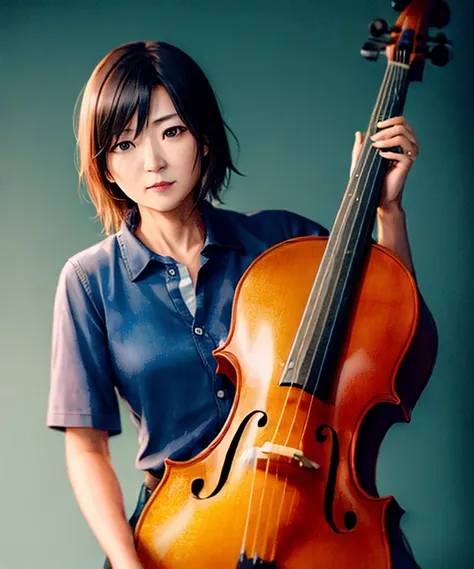 (middle aged:1.6) female Japanese musician, playing cello, masterpiece, subsurface scattering, beautiful lighting, detailed face and eyes, detailed skin, intricate detail, hyper detailed, ultra realistic, sharp focus, octane render, volumetric, ray tracing, artstation trending, cgsociety, sense of awe, 4k, High Saturation Clarity Contrast, deep levels, sharp, retouched, color graded, soft lighting