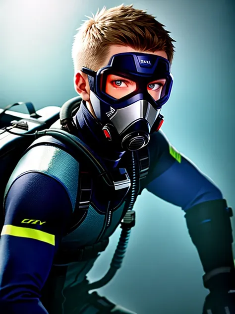 full body portrait of male Finnish scuba diver, wearing mask, masterpiece, subsurface scattering, beautiful lighting, detailed face and eyes, detailed skin, intricate detail, hyper detailed, ultra realistic, sharp focus, octane render, volumetric, ray tracing, artstation trending, cgsociety, sense of awe, 4k, High Saturation Clarity Contrast, deep levels, sharp, retouched, color graded, soft lighting