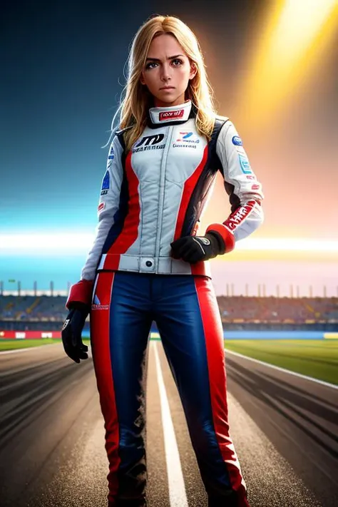 full body portrait of tanned blonde racecar driver, wearing Formula One race suit, gloves, small breasts, 34 years old, sweaty:0.5, standing alone on Le Mans track, masterpiece, subsurface scattering, beautiful lighting, detailed face and eyes, detailed skin, intricate detail, hyper detailed, ultra realistic, sharp focus, octane render, volumetric, ray tracing, artstation trending, cgsociety, sense of awe, 4k, High Saturation Clarity Contrast, deep levels, sharp, retouched, color graded, soft lighting
