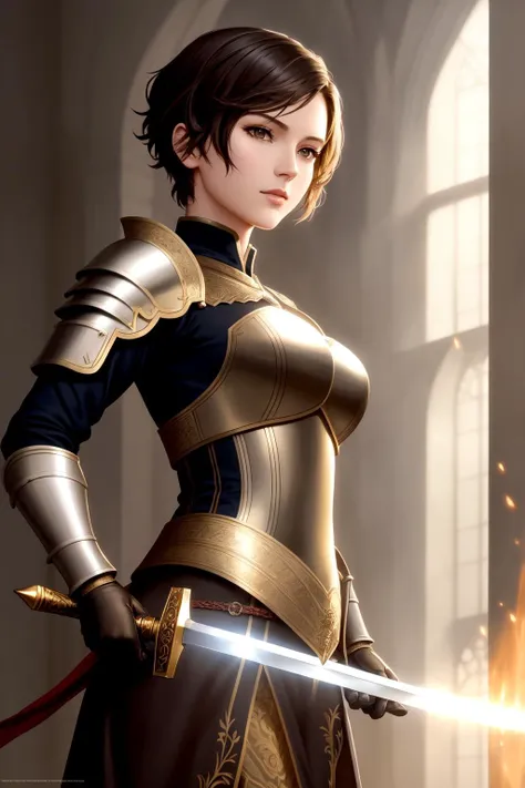 modelshoot style, (extremely detailed CG unity 8k wallpaper), full shot body photo of the most beautiful artwork in the world, girl in medieval armor, professional majestic oil painting by Ed Blinkey, Atey Ghailan, Studio Ghibli, by Jeremy Mann, Greg Manchess, Antonio Moro, trending on ArtStation, trending on CGSociety, Intricate, High Detail, Sharp focus, dramatic, photorealistic painting art by midjourney and greg Rutkowski, dynamic pose, holding a beautiful gold engraved sword, close up, ((extremely short hair, undercut))