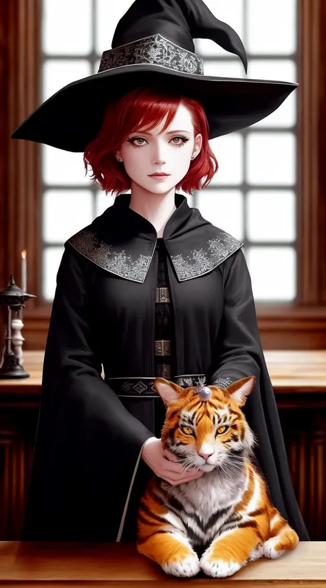 tiktok photography medieval witch and her [cat:tiger:0.63], black-grey loose, open (robes), (small hat), (woman), shiny eyes, pearl skin, intricate detail, lace, medieval architecture, (library), (professional), Intricate material, coarse, High Detail, patterns, runes, (runic face tattoos), carvings, (slim:1.3), thin, glowing mystical, Sharp focus, dramatic, hands on hips, ( short red hair ), spells, white-pink-green colors, (freckles:0.83) , angry pose, (scar:0.9), (pores:1.2), (amateur:1.1), posing with a (([cat:tiger:0.63] on a table)), 8k detailed ((photography realistic masterpiece award winning)), painting, cute girl,