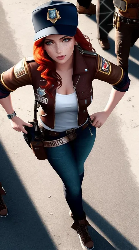 tiktok girl, (from_above:1.3) (walking:1.2) redhead , baseball cap , in steampunk , brown policewoman, police officer , on space station , jewelry, (full_body:1.4), (realistic:1.4), masterpiece, high quality, realistic lighting, center of frame, 8k, hdr, (freckles:0.95) ,