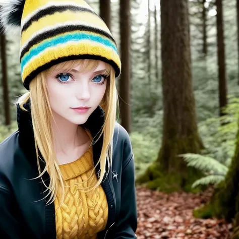 girl, deep cleavage, yellow-black-blue color, close up, punk, photography. native, savage, happy. in a dark forest. wearing a formfitting sweater, (blonde hair), in a hat