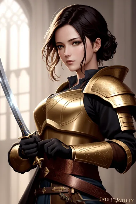 modelshoot style, (extremely detailed CG unity 8k wallpaper), full shot body photo of the most beautiful artwork in the world, girl in medieval armor, professional majestic oil painting by Ed Blinkey, Atey Ghailan, Studio Ghibli, by Jeremy Mann, Greg Manchess, Antonio Moro, trending on ArtStation, trending on CGSociety, Intricate, High Detail, Sharp focus, dramatic, photorealistic painting art by midjourney and greg Rutkowski, dynamic pose, holding a beautiful gold engraved sword, close up, (((undercut)))