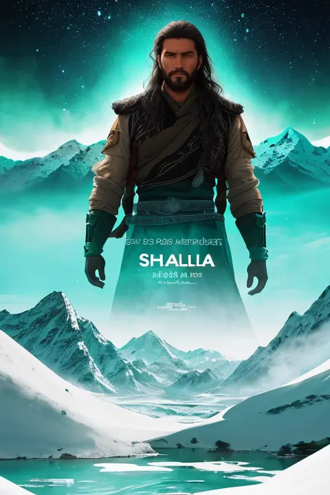 a movie poster for "The Search for Shambhala," an epic adventure film. The poster should feature the protagonist, a (tall, rugged) man with (tousled, dark) hair and piercing (blue, green) eyes. The background should showcase the breathtaking and awe-inspiring landscapes of the Himalayan region, with (snowy, rugged) peaks, (lush, verdant) valleys, and rushing (turquoise, emerald) rivers. The tagline should read, "Beyond the horizon lies a world of magic and mystery," and the title should be prominently displayed in elegant, bold text.