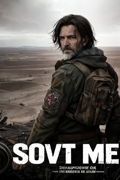 a movie poster for "The Last Man on Earth," a post-apocalyptic film. The poster should feature the protagonist, a middle-aged man with (scraggly, unkempt) brown hair and (wearied, haunted) green eyes. The background should be desolate and barren, with (dusty, empty) landscapes and (derelict, abandoned) buildings. The tagline should read, "In a world without hope, one man fights to survive." The title should be prominently displayed in bold, striking text.