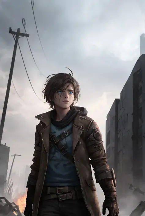 a visual novel poster for "Apocalypse of the Ancients," a post-apocalyptic story. The poster should feature Alex, the young protagonist, with (short, messy) brown hair and (piercing, determined) blue eyes. The poster should convey the dark and dangerous world of the post-apocalypse, with elements such as (ruined cities, desolate wastelands, and twisted mutants). The tagline should read, "In a world on the brink of extinction, one man will risk everything to uncover the truth." The title should be prominently displayed, with bold, eye-catching text.