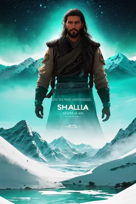 a poster for "The Search for Shambhala," an epic adventure film. The poster should feature the protagonist, a (tall, rugged) man with (tousled, dark) hair and piercing (blue, green) eyes. The background should showcase the breathtaking and awe-inspiring landscapes of the Himalayan region, with (snowy, rugged) peaks, (lush, verdant) valleys, and rushing (turquoise, emerald) rivers. The tagline should read, "Beyond the horizon lies a world of magic and mystery," and the title should be prominently displayed in elegant, bold text.