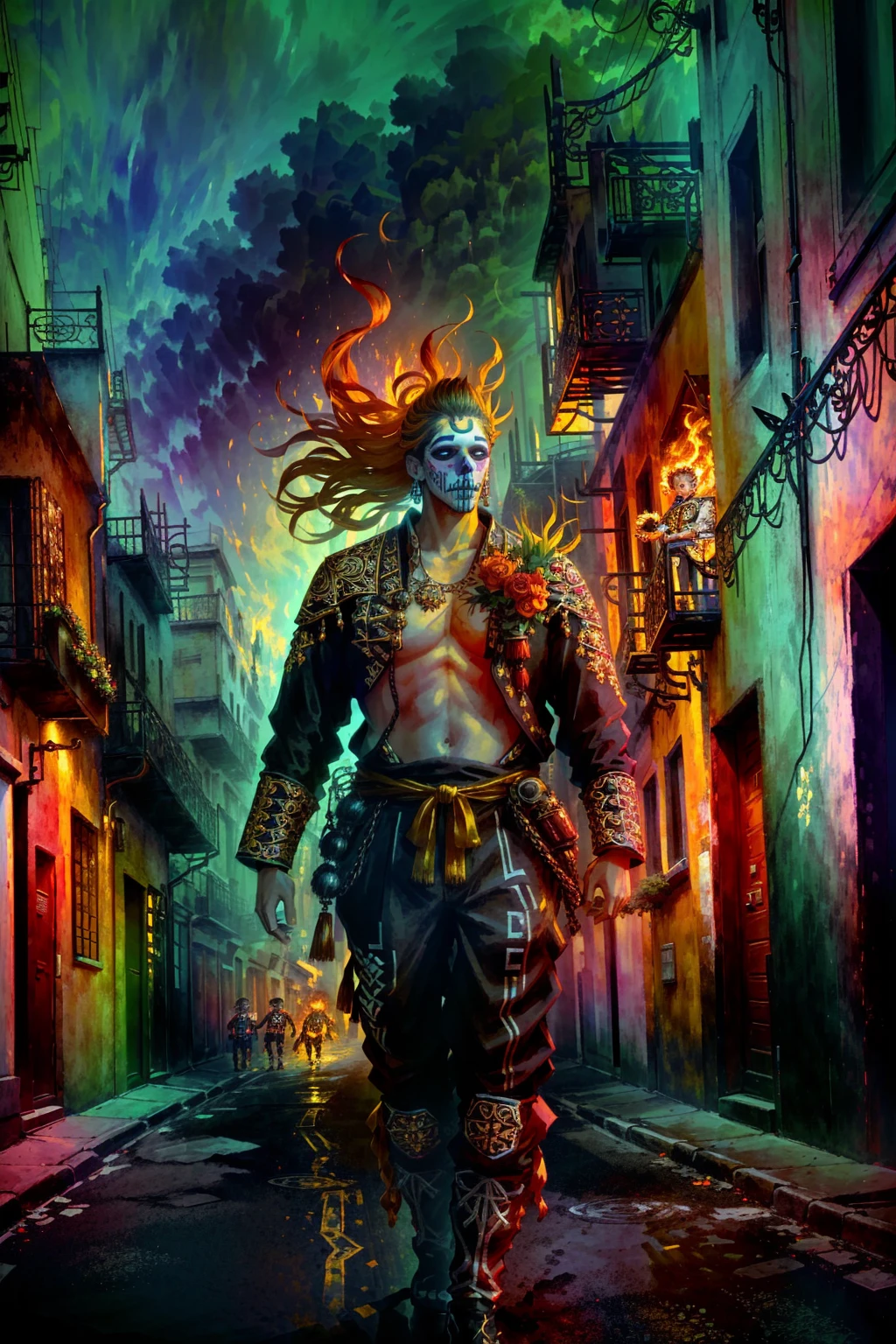 Da de los Muertos, mexican street,peoples makeup, festival background, cleavage, (art by Ferdinand Knab and Claude Bonin-Passarro:1.2),Highly saturated colors, digital art <lora:kSUWABESTYLE_v1:0.8>,absurdres, (2boys:1.5),
burning,breathing fire, explosion,fiery tail,