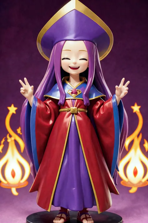 PVC figurine, long purple hair, wizard's robes, contrapasto, red and blue robes, big smile, closed eyes,