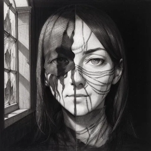 crosshatch grisaille optical illusion closeup face the partially obscured face of phantom, sketchpad sketch charcoal pencil. a figure in the window of a haunted house in scotland , conrad roset , nicola samori , georgia o'keeffe , giovanni battista piranesi