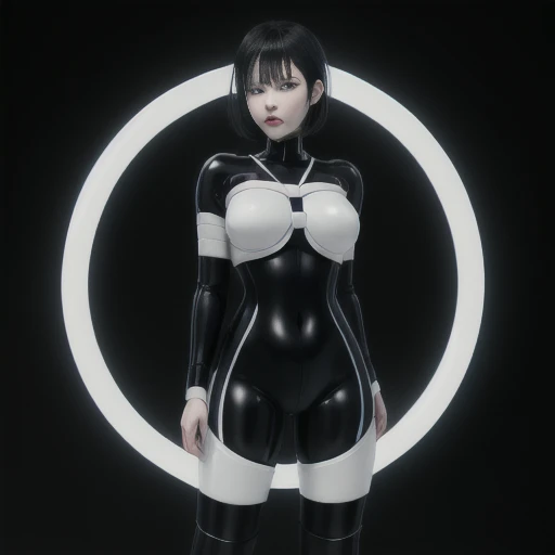A (naked) porcelain android with smooth ((segmented skin)), wearing a robot suit with wires, sexy pose, glowing blue eyes, rich black hair, white lips, black background, fullbody portrait, sexy pose, dlsr, curvaceous body, shiny black latex outfit, (shibari, white ropes) <lora:epiNoiseoffset_v2:1> <lora:bondageAndGag_loraBondageV2:.5>