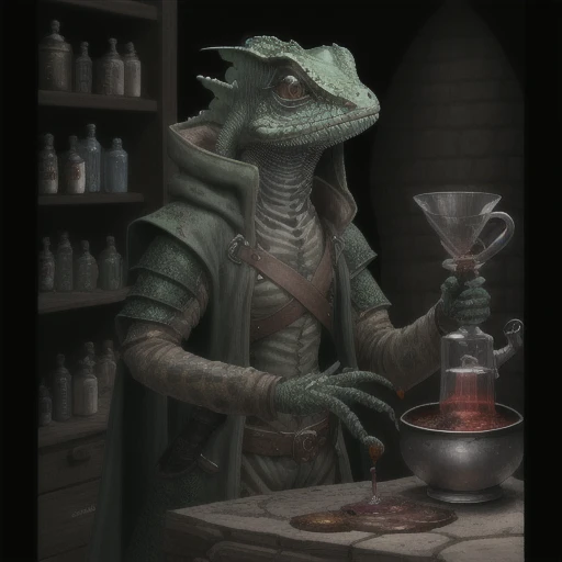 A humanoid male anthro lizard brewing a potion, muddy scales, wearing a worn down medieval travelers coat, headshot