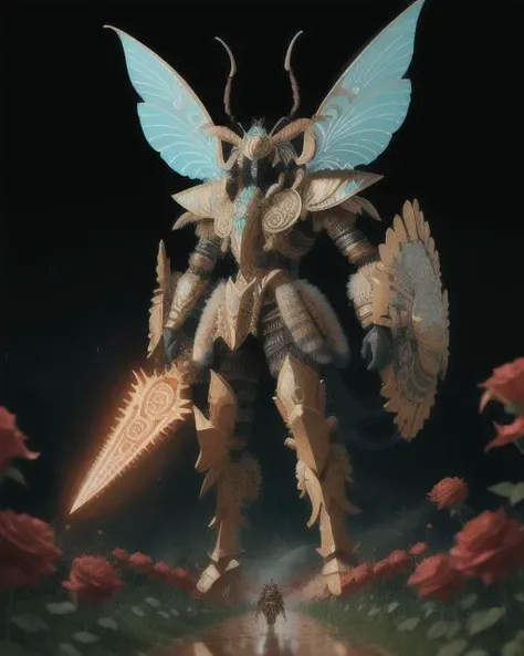 Photo of large insectoid chieftan with intricate and detailed headdress, wearing ornate and elaborate clothing, large and powerful weapon, leading a huge army of humanoid bugs, with the elite guards flanking him with their powerful weapons in a field of roses on a rainy day, artstation, pixiv 8k