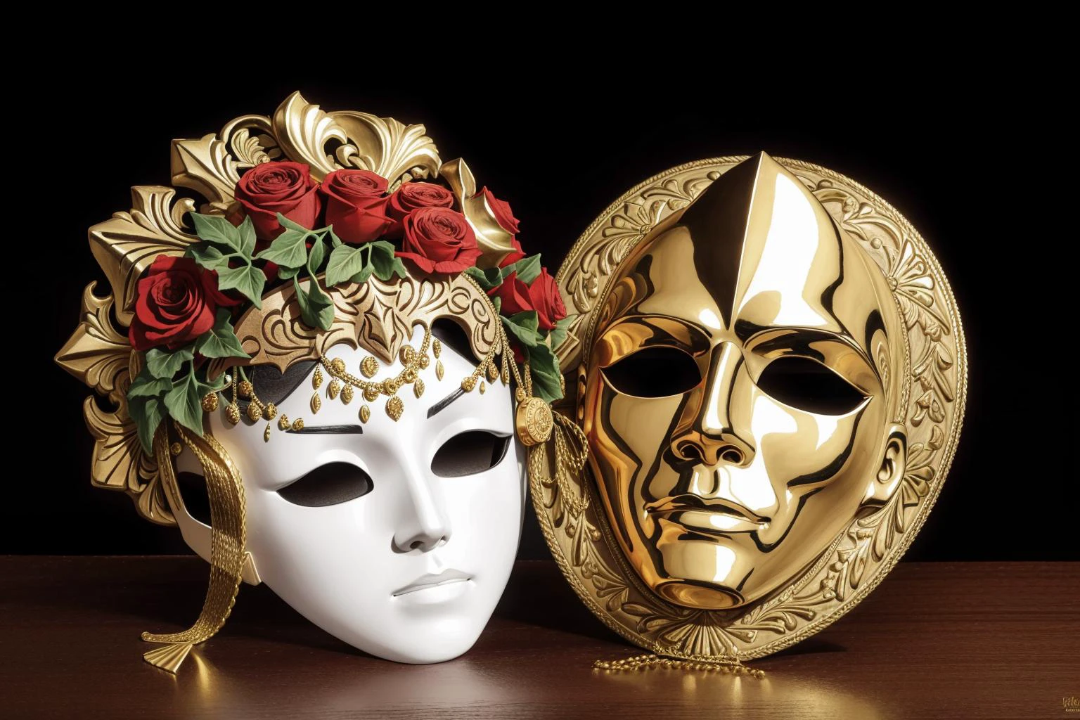 still life, black background, "tragedy mask" AND "comedy mask next to it", wreath of ivy, bugle, knife, cothurnus, chiaroscuro, Jan Brueghel, Lawrence Alma-Tadema, high contrast, masterpiece
