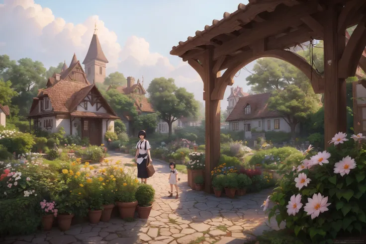 garden surrounded by a peaceful village, studio ghibli style, ilya kuvshinov, krenz cushart, greg rutkowski, pixiv. zbrush sculpt, octane, maya, houdini, vfx. cinematic dramatic atmosphere, sharp focus, volumetric lighting, cinematic lighting, studio quality, ((detailed face))