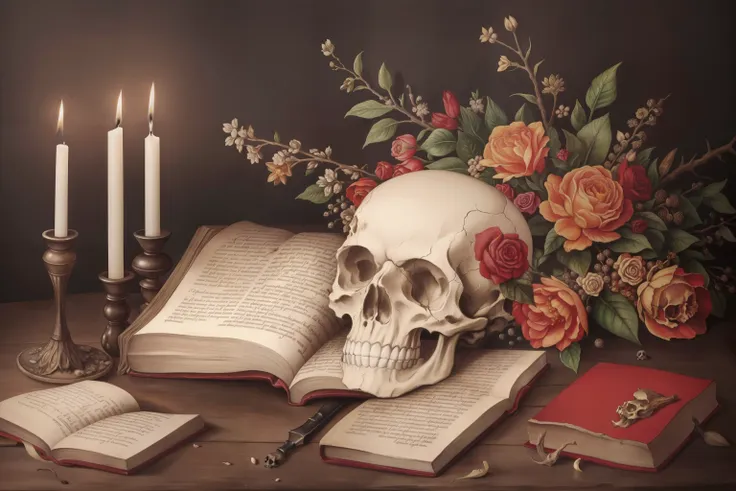 skull, candle, book, withered flower
oil painting, oil on canvas, still life, masterpiece, Albrecht Drer, Jan Brueghel, beige background, no humans