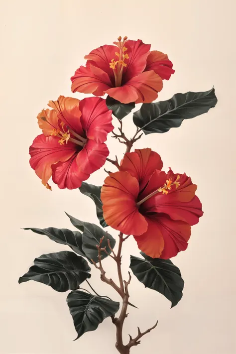 hibiscus flower blooming on a gnarled branch against a grey background, simple background, in the style of light orange and light beige, minimalist images, photography installations, paleocore, green and crimson, hyper-realistic, poetic intimacy