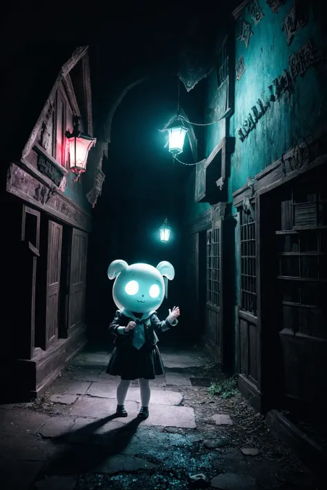 photographer investigating a haunted theme park, haunted by chibi ghosts, dark lighting, cute, mysterious, whimsical, glow, glowing, fun, silly, mystical